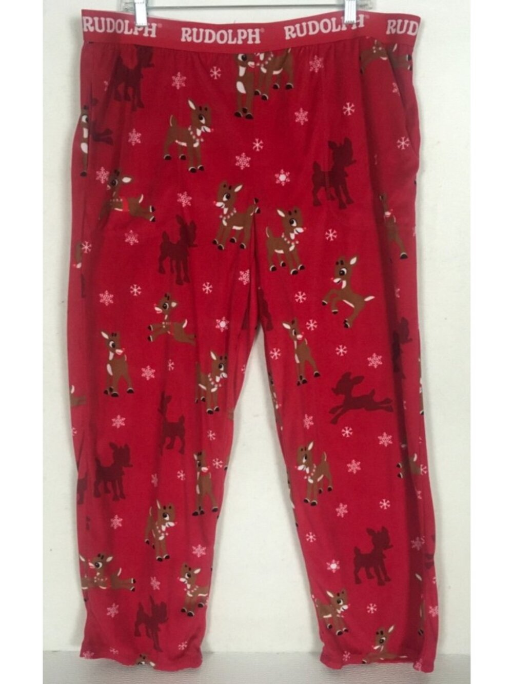 Rudolph Pajama Bottoms Size XL Red w White Snow Flakes Rudolph Reindeer Pockets